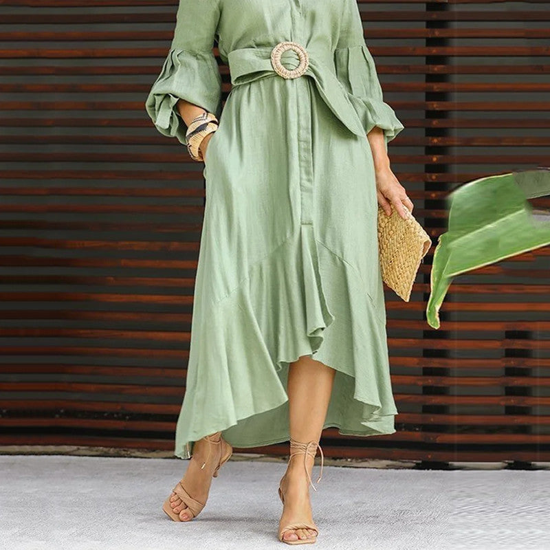 Full Sleeve V-Neck Lapel Pocket Long Dress