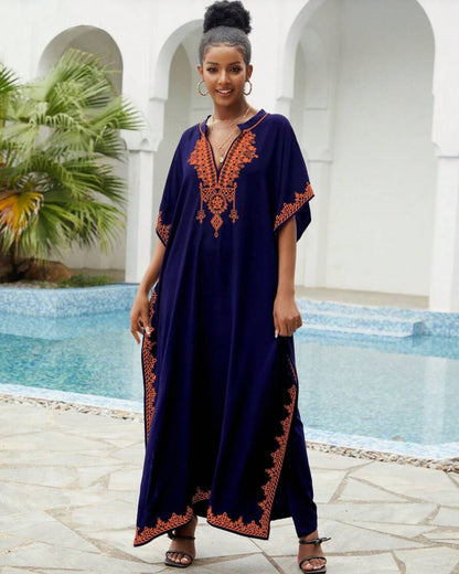 🌸Up to 50% off🔥Embroider Plus Size Kaftan Dress Beach Cover Up for Women Ethnic Print V-Neck Loose Caftan Maxi Dresses