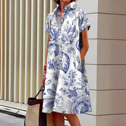 Blue and White Porcelain Print Casual Pocket Shirt Dress