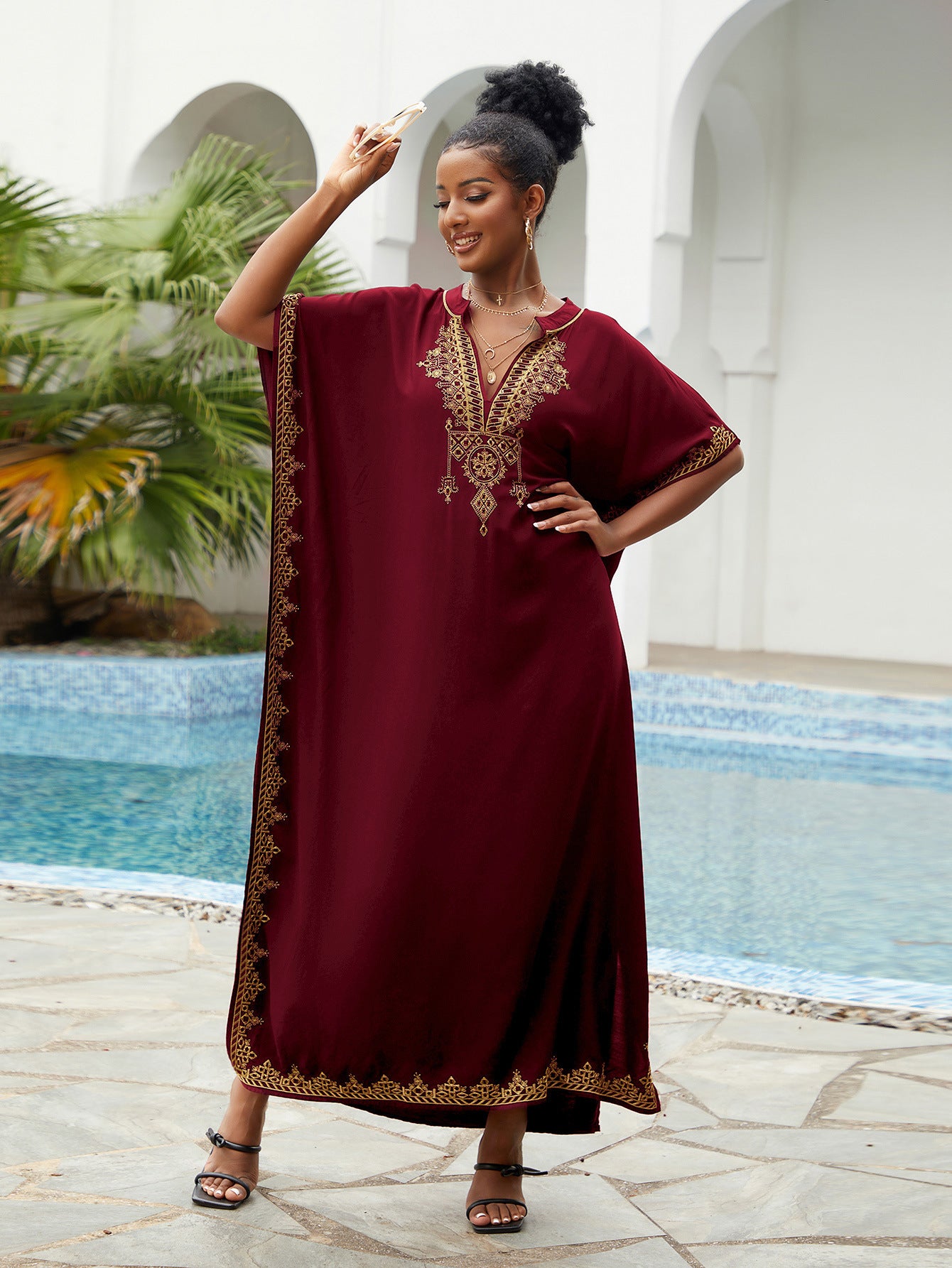 🌸Up to 50% off🔥Embroider Plus Size Kaftan Dress Beach Cover Up for Women Ethnic Print V-Neck Loose Caftan Maxi Dresses