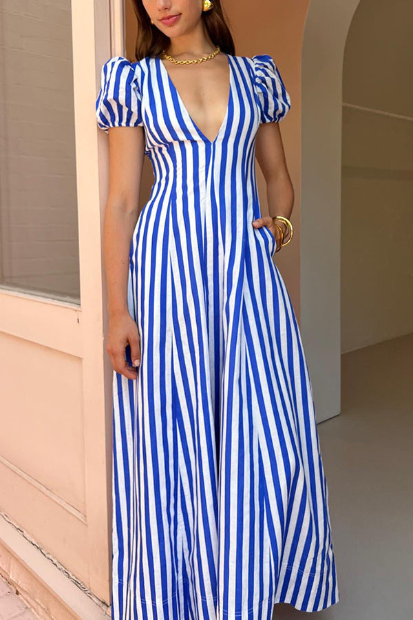 V-neck Fashion Striped Puff Sleeve Dress