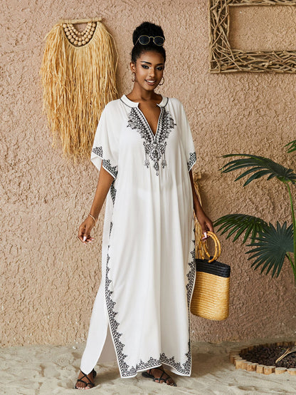 🌸Up to 50% off🔥Embroider Plus Size Kaftan Dress Beach Cover Up for Women Ethnic Print V-Neck Loose Caftan Maxi Dresses