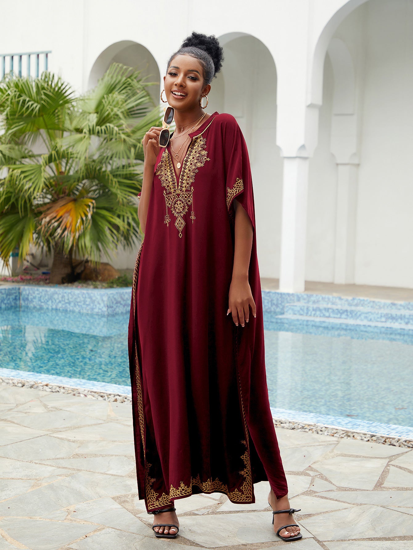 🌸Up to 50% off🔥Embroider Plus Size Kaftan Dress Beach Cover Up for Women Ethnic Print V-Neck Loose Caftan Maxi Dresses