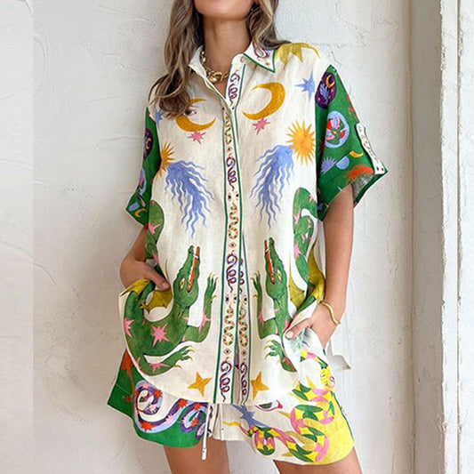 Printed Short-sleeved Loose Shorts Casual Suit