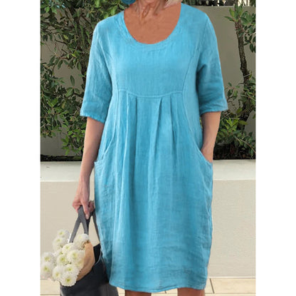 Cotton and Linen Pleated Pockets Casual Loose Dress