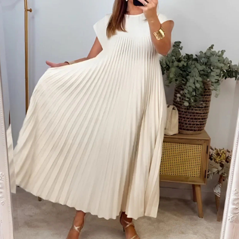 Solid Color Round Neck Sleeveless Pleated Loose Dress