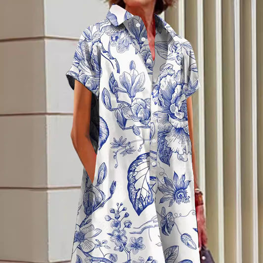 Blue and White Porcelain Print Casual Pocket Shirt Dress