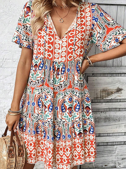 V-neck Loose Bohemian Print Dress