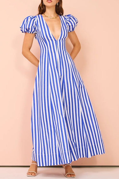 V-neck Fashion Striped Puff Sleeve Dress