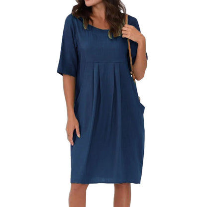 Cotton and Linen Pleated Pockets Casual Loose Dress