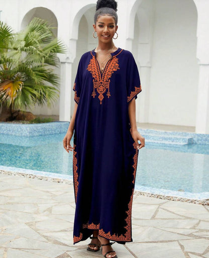 🌸Up to 50% off🔥Embroider Plus Size Kaftan Dress Beach Cover Up for Women Ethnic Print V-Neck Loose Caftan Maxi Dresses