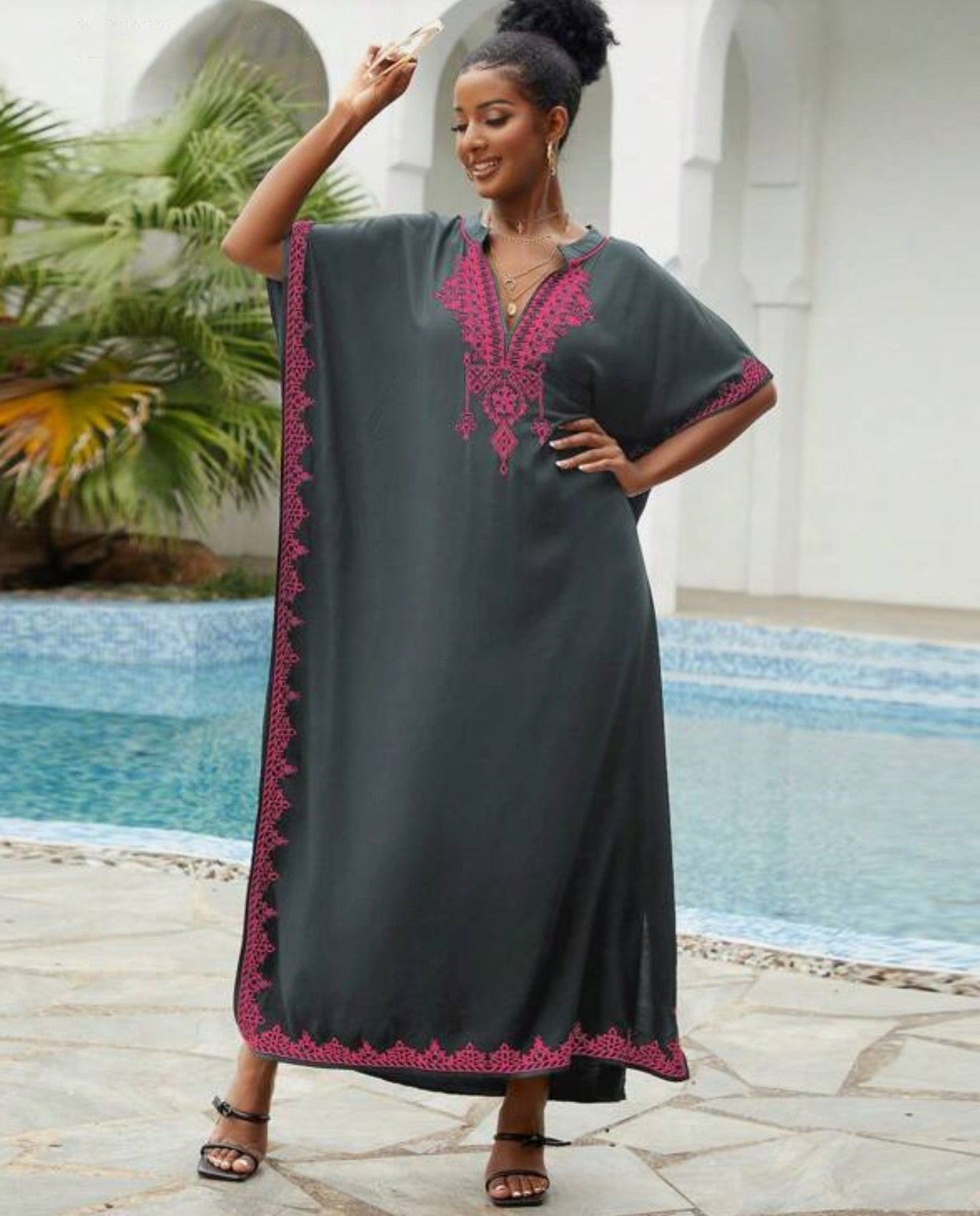 🌸Up to 50% off🔥Embroider Plus Size Kaftan Dress Beach Cover Up for Women Ethnic Print V-Neck Loose Caftan Maxi Dresses