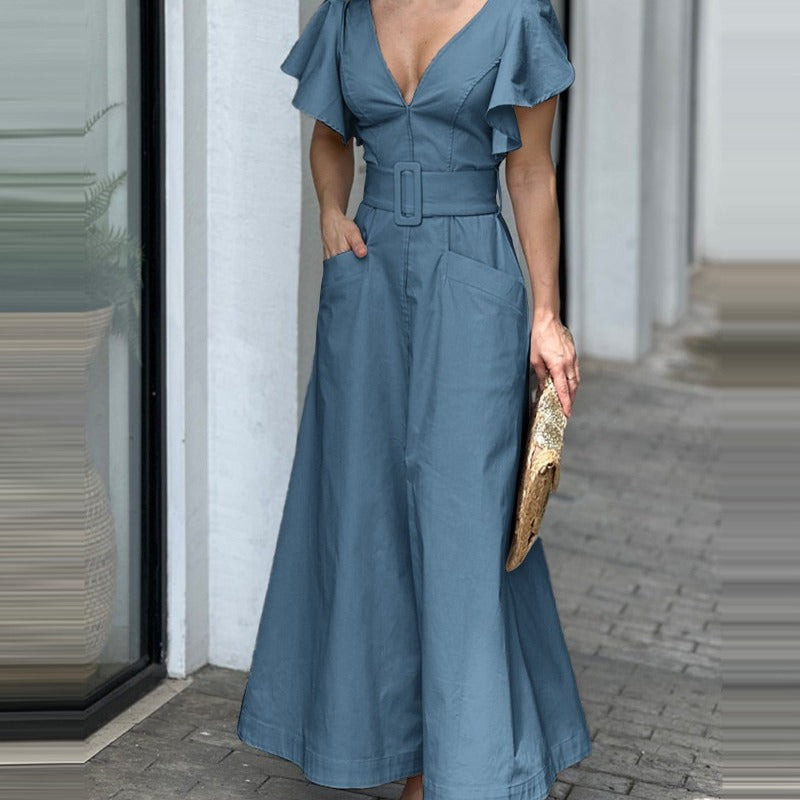 V-neck Solid Color Lotus Leaf Sleeve Long Dress