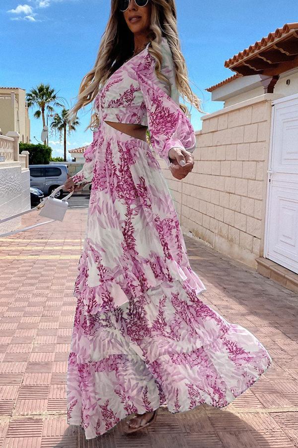 Long Sleeve Printed Hollow Maxi Dress