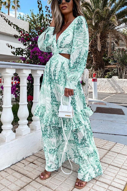 Long Sleeve Printed Hollow Maxi Dress