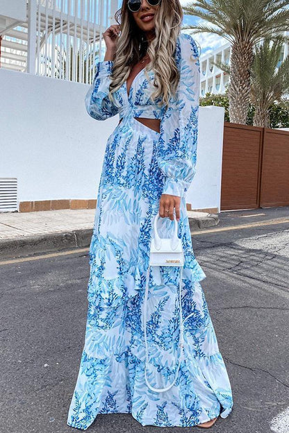 Long Sleeve Printed Hollow Maxi Dress