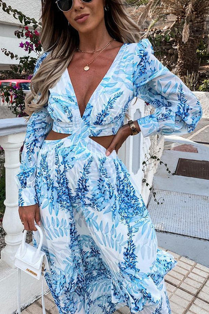 Long Sleeve Printed Hollow Maxi Dress