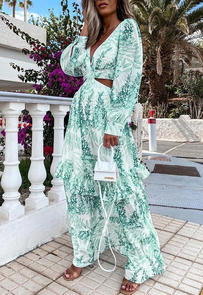 Long Sleeve Printed Hollow Maxi Dress