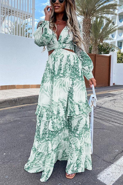 Long Sleeve Printed Hollow Maxi Dress