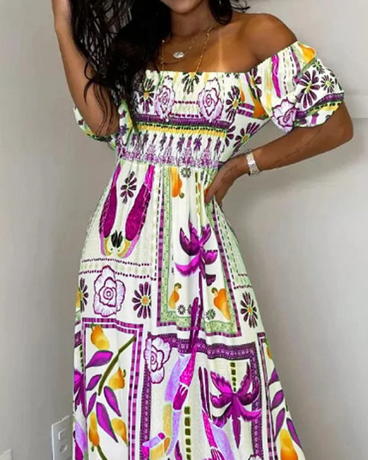 ONE-SHOULDER NIPPED-WAIST PRINTED MAXI DRESS