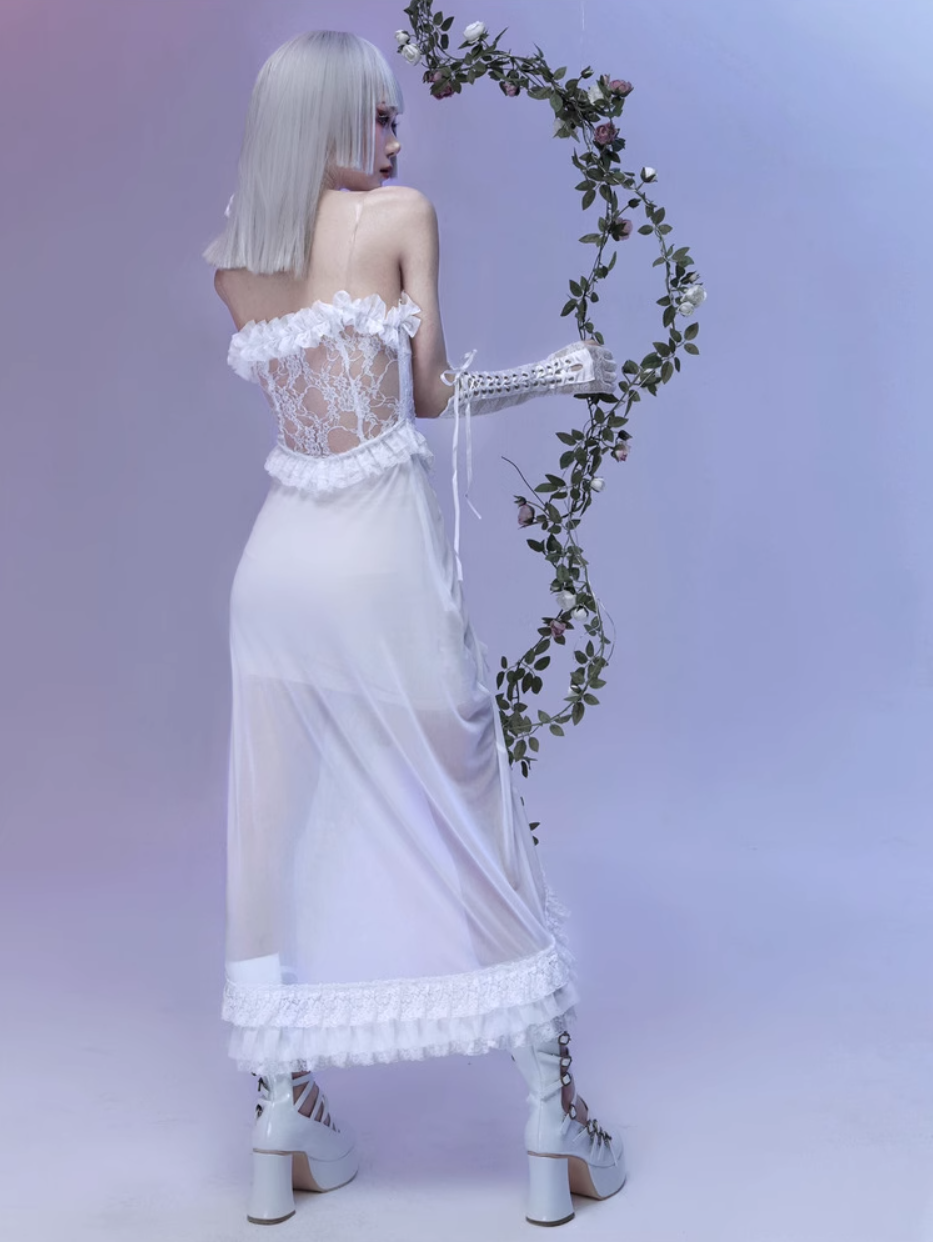 Drawstring Mesh White Suspender Dress