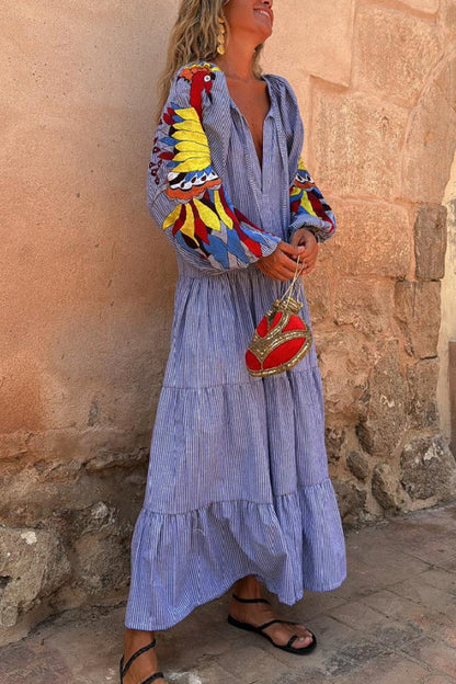 Red and white striped print long dress