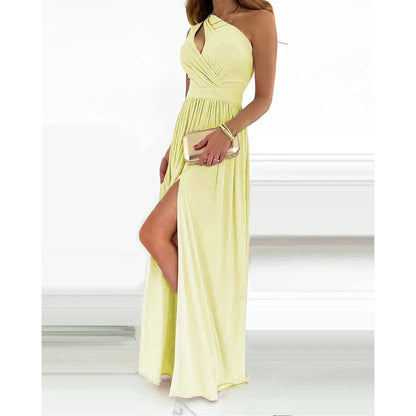 Slant Shoulder High Waist Split Dress