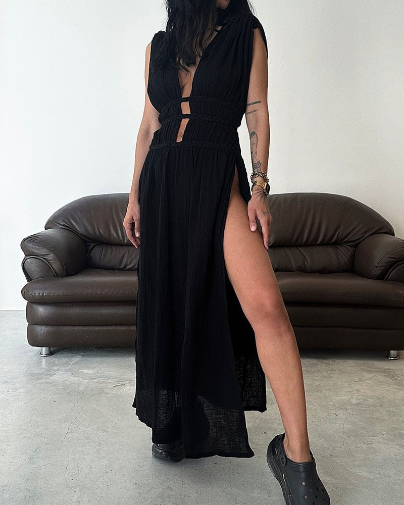 Linen Sleeveless Braided Belted Cutout Slit Dress