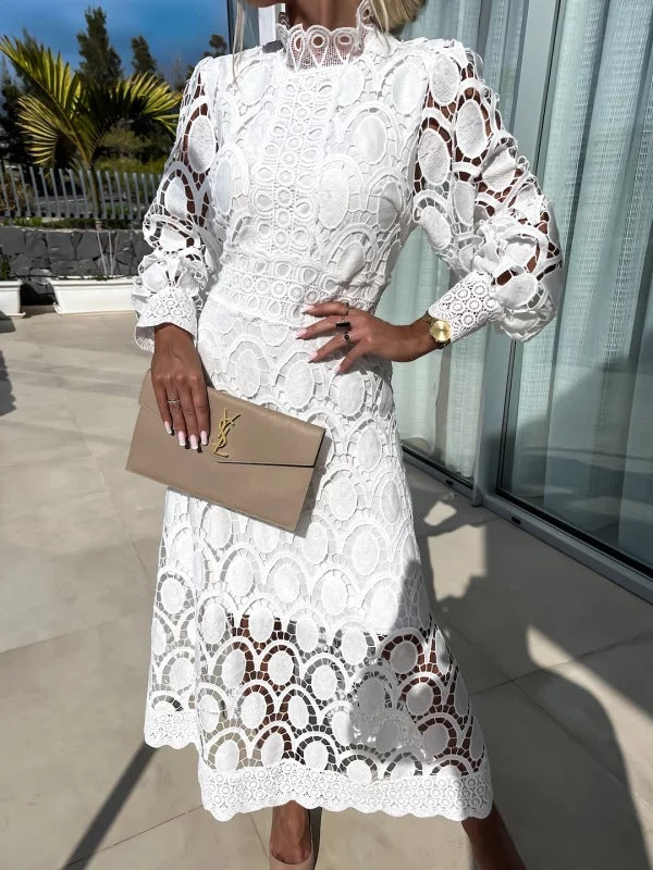 Crochet Lace Lantern Sleeve Midi Dress