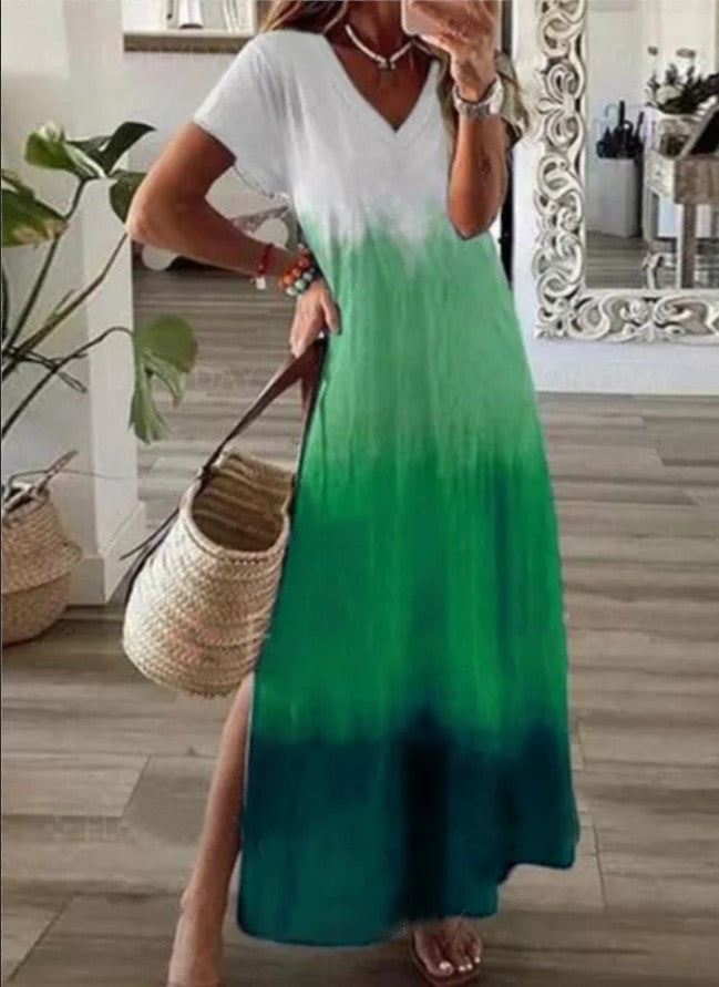 Plus Size Casual Ombre V neck Short Sleeve Knit Dress