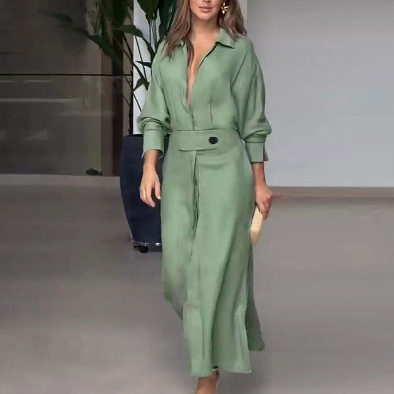 Solid Color Waistband Shirt Dress