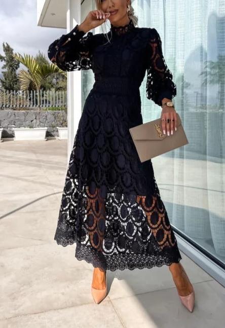 Crochet Lace Lantern Sleeve Midi Dress