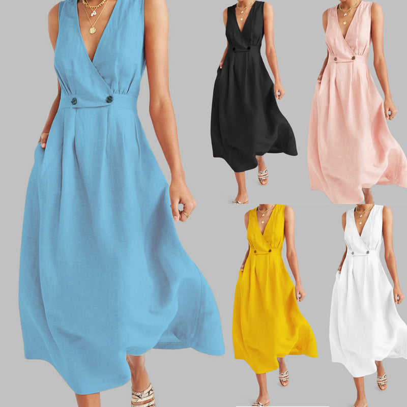 Sleeveless Long Cotton And Linen Dress