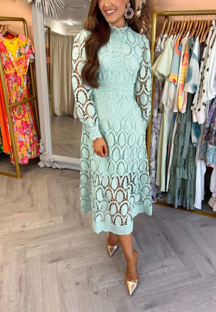 Crochet Lace Lantern Sleeve Midi Dress