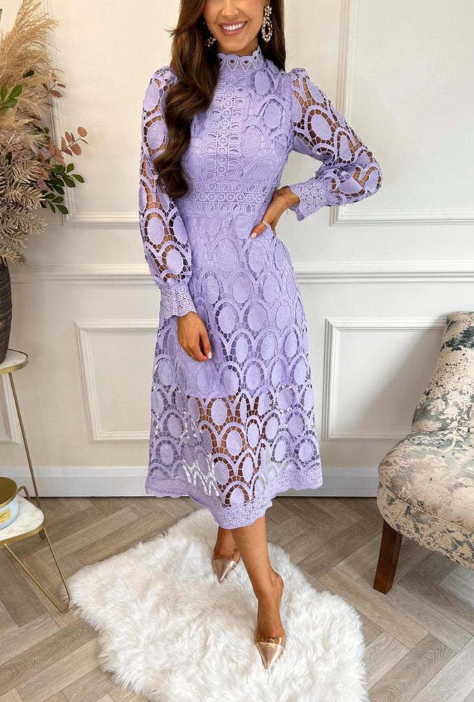 Crochet Lace Lantern Sleeve Midi Dress