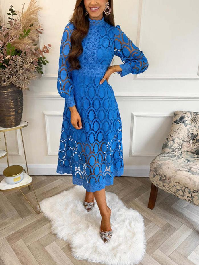 Crochet Lace Lantern Sleeve Midi Dress