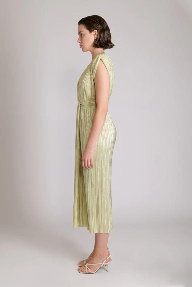 Pleated V-Neck Midi Dress