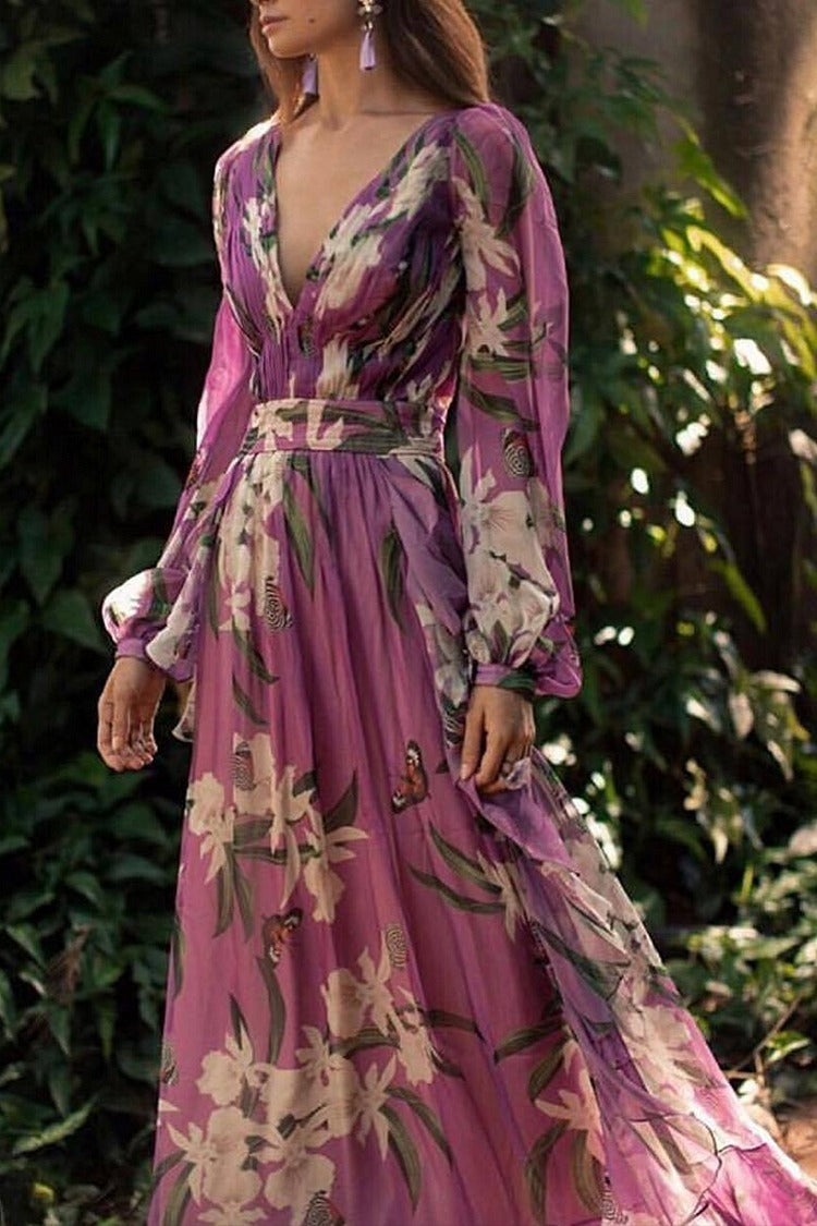 V-Neck Printed Elegant Maxi Dress