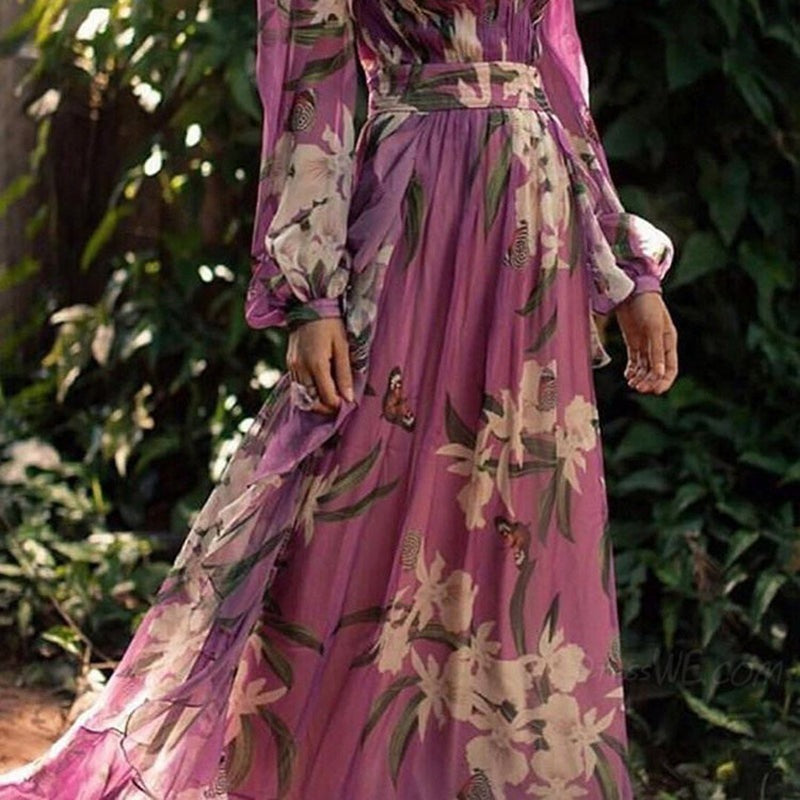 V-Neck Printed Elegant Maxi Dress