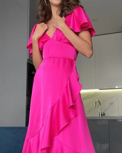 V-NECK RUFFLED SOLID COLOR DRESS