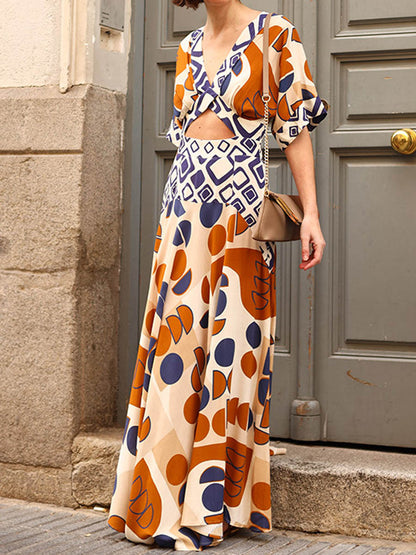 V-Neck Cutout Printed Maxi Dress