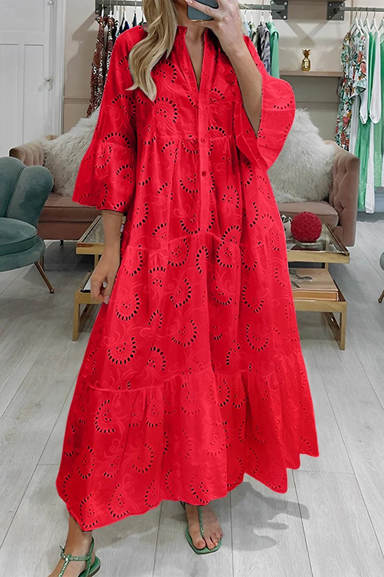 🌸Up to 80% off🔥 V Neck Flares Sleeve Embroidery Cotton Dress