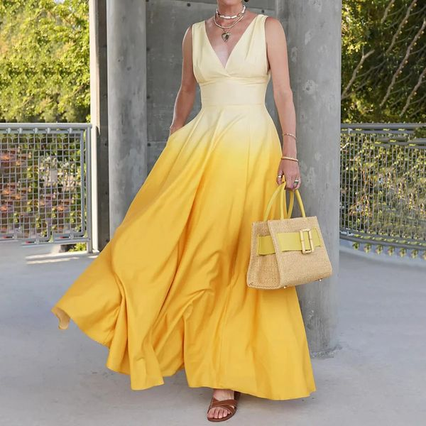 Yellow and White Gradient V-neck Sleeveless Long Dress