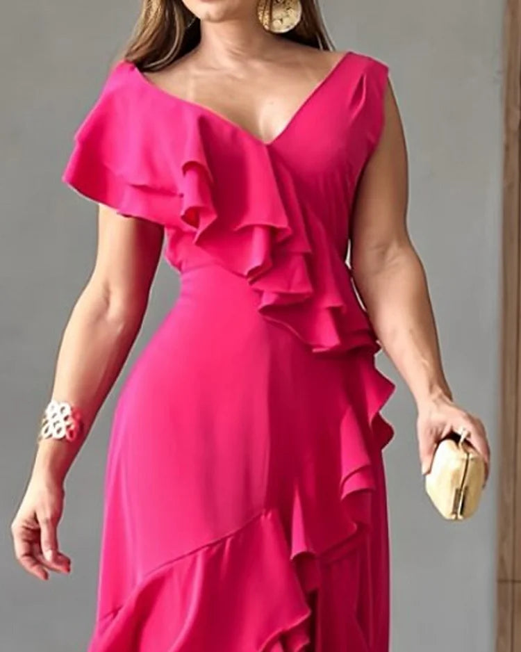 SLEEVELESS RUFFLED SOLID COLOR DRESS