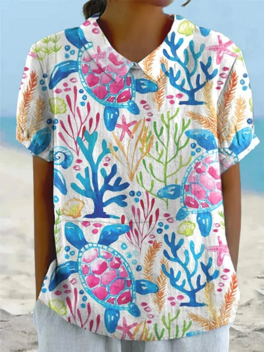 🔥Beach & Vacay🔥Women'S Turtle Print Cotton And Linen Casual Shirt