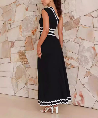 Wave Lace Waist Cutout One-shoulder Sleeveless Long Dress