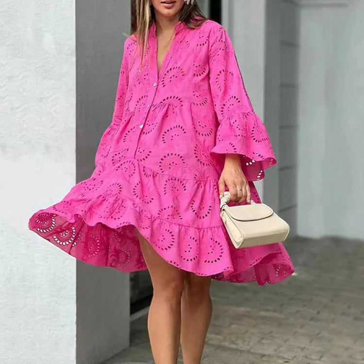 🌸Up to 80% off🔥 V Neck Flares Sleeve Embroidery Cotton Dress