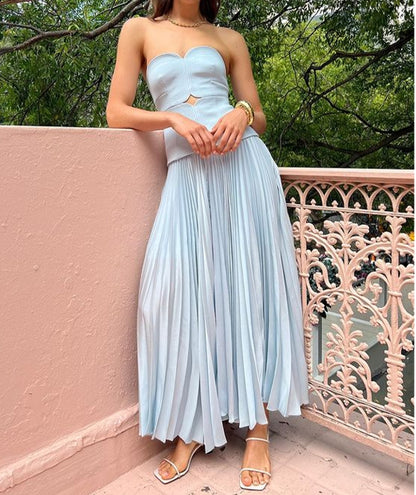 Tube Top Pleated Patchwork Slim Fit Maxi Dress