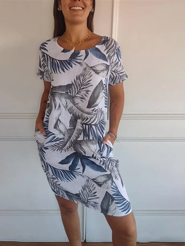 🌸Up to 50% off🔥 Women's Cotton and Linen Round Neck Printed Dress