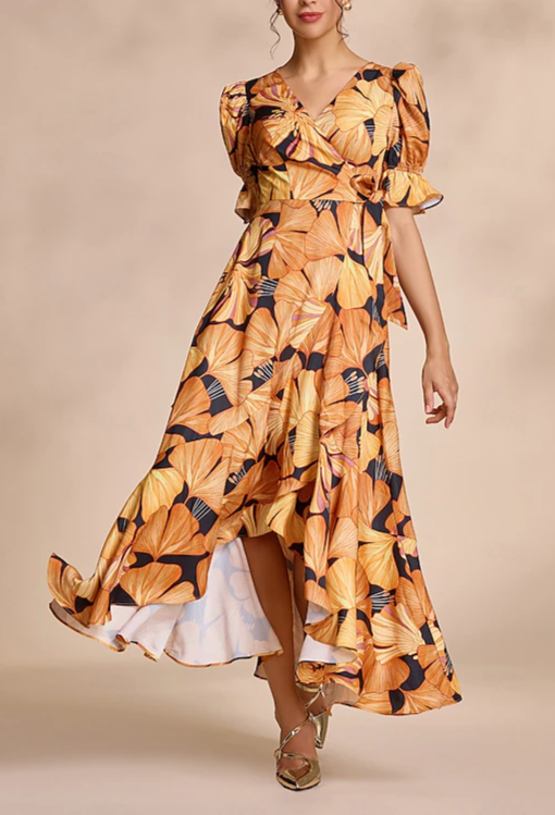 Leaf Tie Front Ruffle Hem Maxi Dress